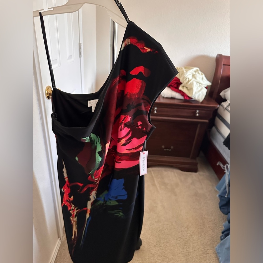 Black multi color one shoulder knee length dress - Picture 2 of 3